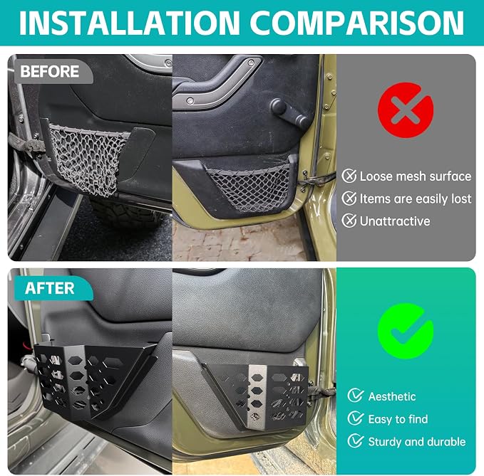 Front & Rear Door Pocket Cup Holder Organizer Compatible with 2007-2018 Jeep Wangler JK JKU Rubicon Sahara Accessories, Metal Door Side Insert Storage Box Expansion Accessories