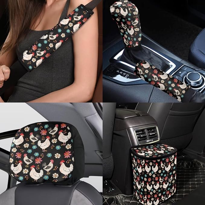 BIGCARJOB Chicken Flower Auto Front Rear Seat Covers Full Set for Women Car Interior Sets 15 Pcs Chicken Print Car Seat Cover Set Satefy Seat Belt Pads Car Seat Head Rest Cover Cup Mats