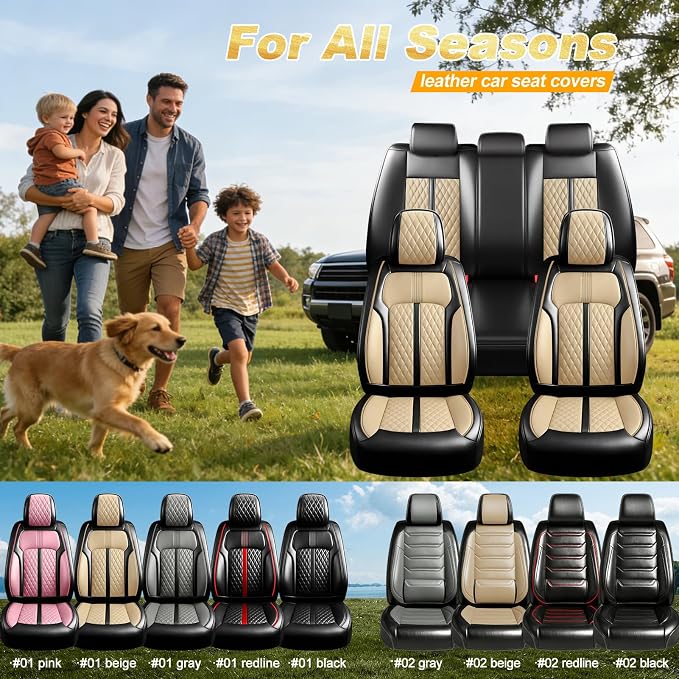 Fit STS Car Seat Covers for Select Cadillac STS 2005-2011, Premium Full Coverage Leather, Airbag Compatible & Scratch-Resistant, Waterproof & All Weather Seat Protector, Full Set, Black+Beige