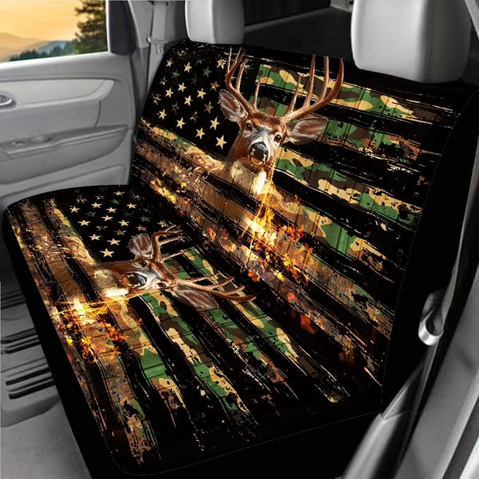 American Flag Deer Car Seat Covers Full Set 18 Pieces Animal Deer Car Interior Accessories Set with Seat Belt Pads Cover Car Trash Can Cars Headrest Covers Rear View Mirror Cover