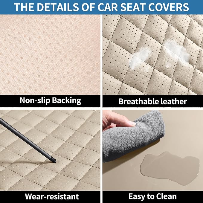 Leather Car Seat Covers Full Set Breathable Automotive Seat Covers Waterproof Seat Protectors Fit for Most Automotive Cars SUV Trucks Vehicle (Beige, Full Set)