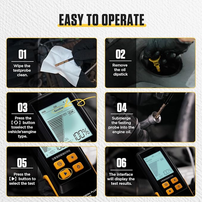BELEY Engine Oil Tester & Motorcycle Oil Change Kit- Gasoline/Diesel Diagnostic Tool, 31.5in Probe, Temp Test, 2.8in Display (4 Batteries)