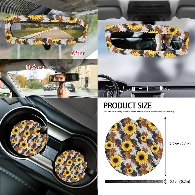 14 Pieces Car Seat Covers Full Set Sunflower Cow Print Car Front and Rear Seat Covers Steering Wheel Cover Armrest Pad Safety Belt Pads for Women Girls, Universal Fit Most Vehicle