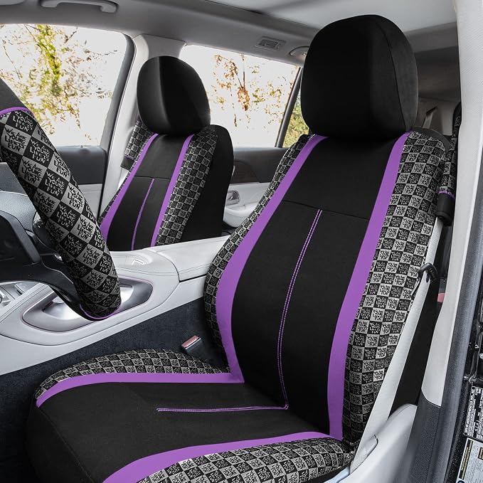 We Are Young Life is Fun™ Checker Car Seat Covers Universal Fit Interior Accessories Full Set Purple Seat Cover Combo Steering Wheel Cover and Seat Belt Pads, Airbag and Split Rear Car Seat Covers