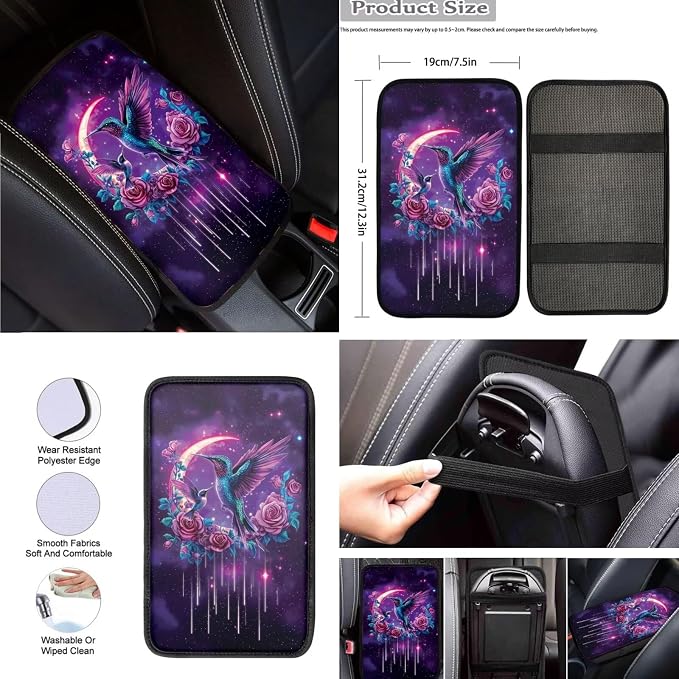 8 Pcs Moon Hummingbird Car Seat Covers Full Set Car Accessories for Women Front Seat Cover Steering Wheel Armrest Cover Seat Belt Cover for Auto SUV Interior Decoration