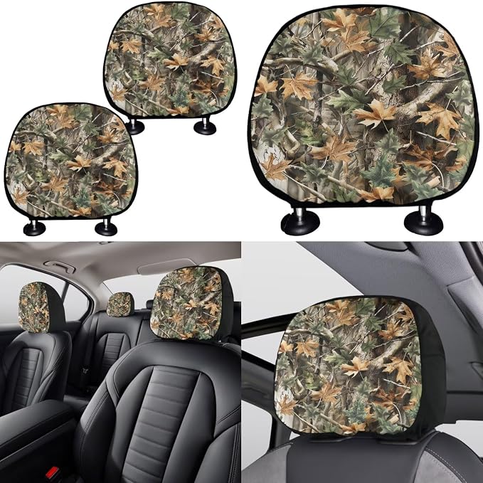 KEIAHUAN 11 Pieces Camo Hunting Design Car Accessories Set Automotive Rear Front Seat Cover, Steering Wheel Cover, Handbrake and Gear Shift Knob Cover, Headrest Covers, Coasters