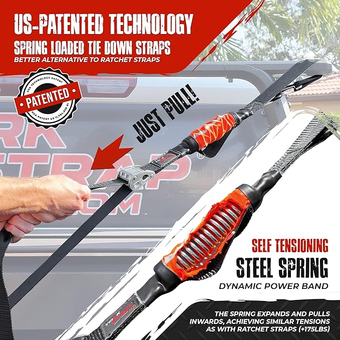 TorkStrap 14' x 1.5'' Self Tensioning Tie Down Straps [Patented] - Automatically Adapt to Load Shifts - 2,250LB Break Strength - Pull Alternative to Ratchet Straps - Integrated Soft Loop & Hook (2-PK)
