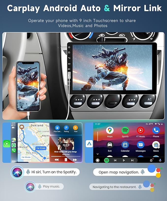 Podofo Single Din Car Stereo with Carplay Android Auto,9inch 1024x600 HD IPS Touchscreen Bluetooth FM/AM Radio Mirror Link SWC,Car Audio Receivers,HD Backup Camera/External Mic/USB
