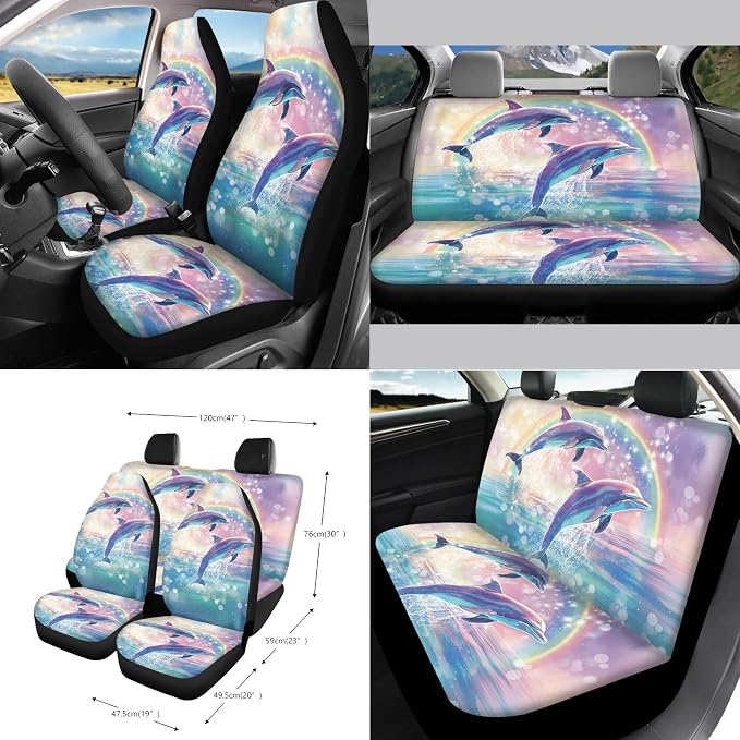 Dolphin Rainbow Print 15 Pack Car Accessories Set Car Seat Covers Steering Wheel Cover Seat Belt Strap Pad Rearview Mirror Cover Garbage Cans Air Vent Storage Bag Cup Holder Key Chain