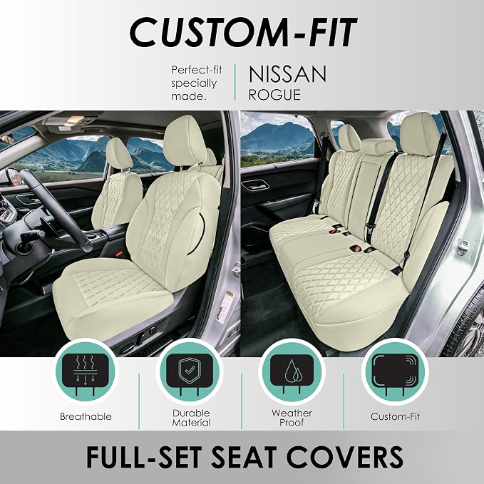 FH Group Custom-Fit Car Seat Covers Specifically Made for 2021-2026 Nissan Rogue, Full Set Solid Beige Ultraflex Neoprene Waterproof Automotive Seat Cover