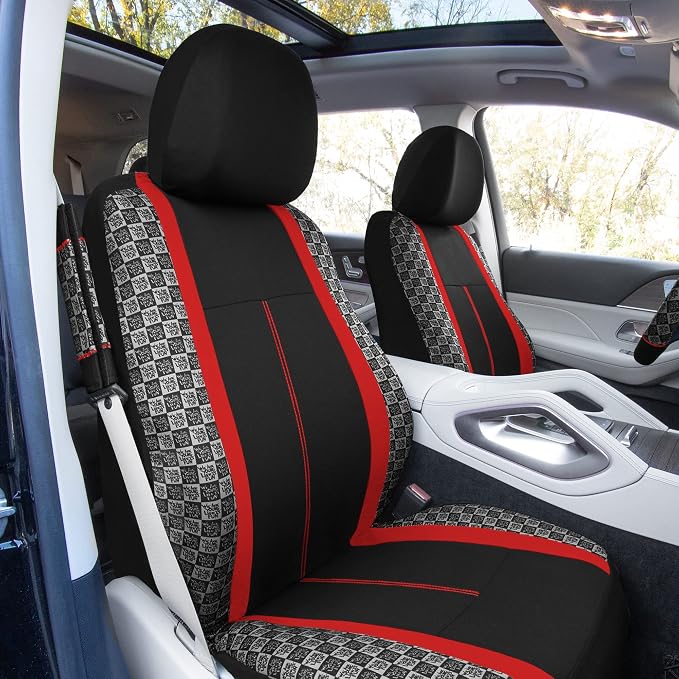 We Are Young Life is Fun™ Checker Car Seat Covers Universal Fit Interior Accessories Full Set Red Seat Cover Combo Steering Wheel Cover and Seat Belt Pads, Airbag and Split Rear Car Seat Covers