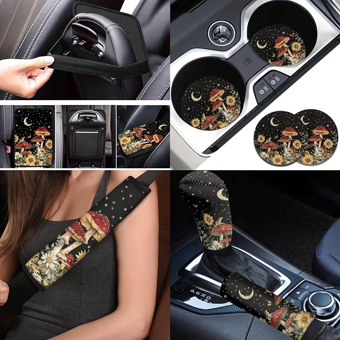 BIGCARJOB Mushroom Car Accessories Full Set 12 Pcs Auto Seat Cover for Front Rear,Sunflower Mushroom Auto Interior Seat Protector Steering Wheel Cover,Seat Belt Pads,Handbrake Brake Protector