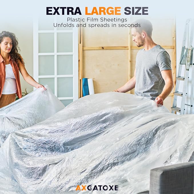 12 x 9 Ft Plastic Drop Cloths (3-Pack) - Disposable Painter's Sheeting & Tarps for Painting, Waterproof Furniture/Couch/Floor Protection
