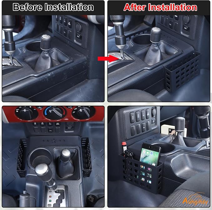 Aunginsy Aluminum Gear Shift Side Storage Basket Center Console Organizer Tray Armrest Storage Box Basket Interior Accessories for Toyota FJ Cruiser 2007-2024, Modern, Minimalist, Type E