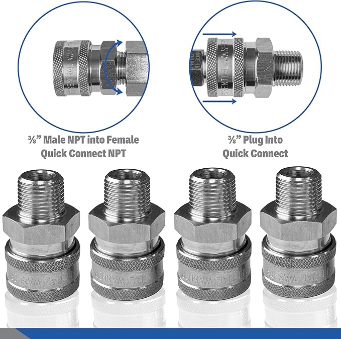 Essential Washer Stainless Steel ⅜” Quick Connect Male NPT | Pressure Washer Quick Connect Fittings | 5000 PSI | Set Of 4