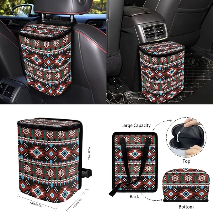 Geometric Tribal Aztec Car Accessories Car Seats Cover Protector, Steering Wheel Covers, Seatbelt Cover, Car Trash Can, Cup Coasters, Rearview Mirror Cover, Keychains, Pack of 15