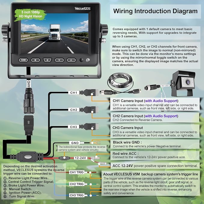 Backup camere System for Truck,VECLESUS V5M 5” 1080P Backup Camera System, 3-Channel Video Input with Reversing Delay & Night Vision, Waterproof Rear View Kit for Trucks/Buses/Vans