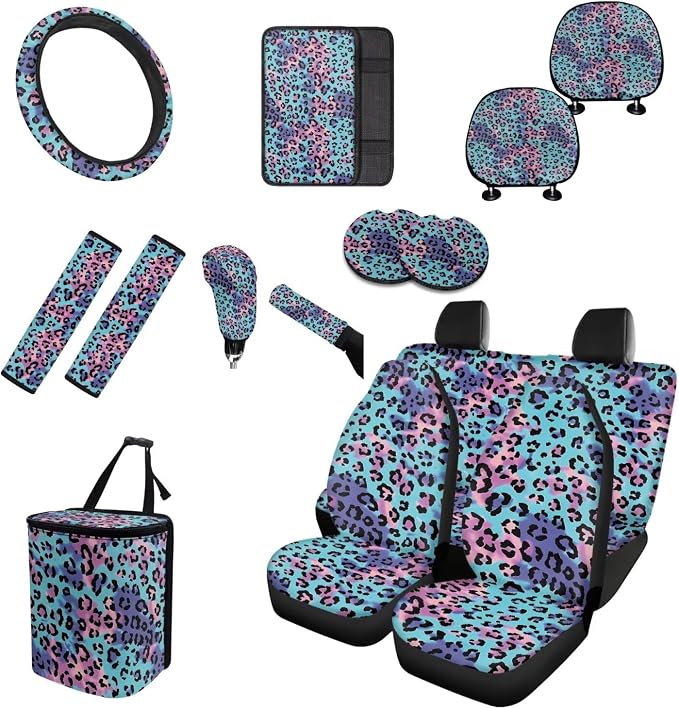 Colorful Leopard Car Seat Covers Full Set 15 Pcs Universal Car Accessories Steering Wheel Cover Seat Belt Pads Garbage Bag Car Headrest Pillow Covers Armrest Pad