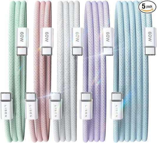 LISEN USB C Cable, 5-Pack [3.3/3.3/6.6/6.6/10FT] USBC to USBC Cable for iPhone 16e 15 Pro Max Charger Cord, 60W (3.1A) C to C Cable Fast Charging for Samsung S25/S24/23, Switch 2, iPad, MacBook