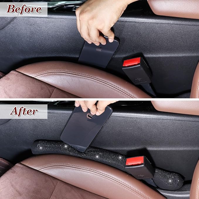 ToBeQueen Car Seat Gap Filler Black, Bling Car Accessories for Women Universal Fit for Car Truck SUV, 2 Pack Handmade Crystal Rhinestone Diamond Seat Gap Blocker Stop Things from Dropping(Black)