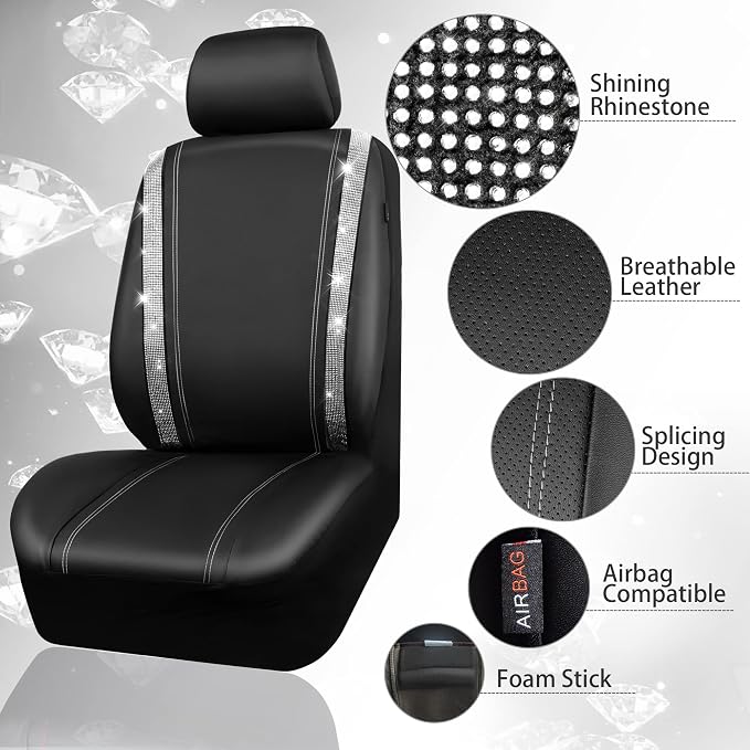 CAR PASS Diamond Bling Leather Seat Covers Set Car Floor Mats Glitter Rhinestone Steering Wheel and Car Interior Accessory Set for Women Silver