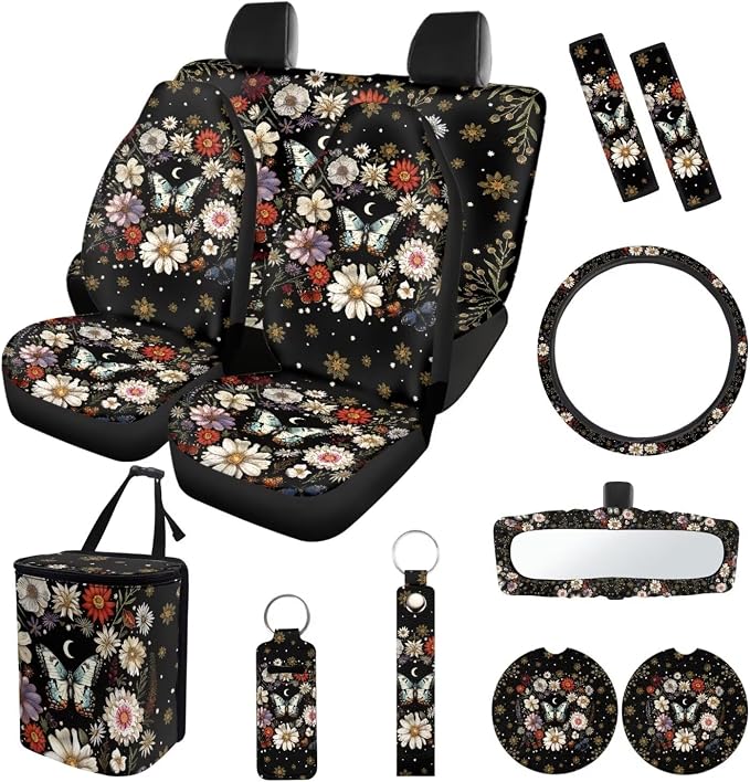 Suobstales Butterfly Daisy Moon Print Car Accessories Auto Seat Covers Full Set of 13 with Steering Wheel Cover, Seat Belt Pads, Trash Can, Coaster, Rearview Mirror Cover, Keychains for SUV Van