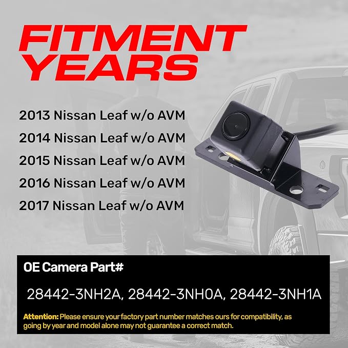 Master Tailgaters Replacement for Nissan Leaf w/o AVM (2013-2017) Backup Camera OE Part # 28442-3NH2A, 28442-3NH0A, 28442-3NH1A