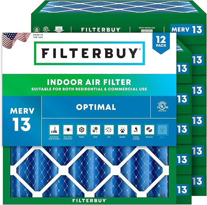 Filterbuy 25x25x4 Air Filter MERV 13 Optimal Smoke & Allergy Defense (12-Pack), Electrostatic Pleated HVAC AC Furnace Filters Replacement (Actual Size: 24.50 x 24.50 x 3.63)