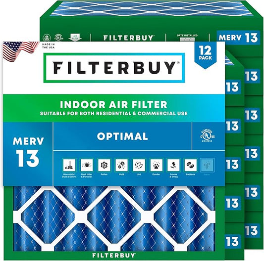 Filterbuy 25x25x4 Air Filter MERV 13 Optimal Smoke & Allergy Defense (12-Pack), Electrostatic Pleated HVAC AC Furnace Filters Replacement (Actual Size: 24.50 x 24.50 x 3.63)