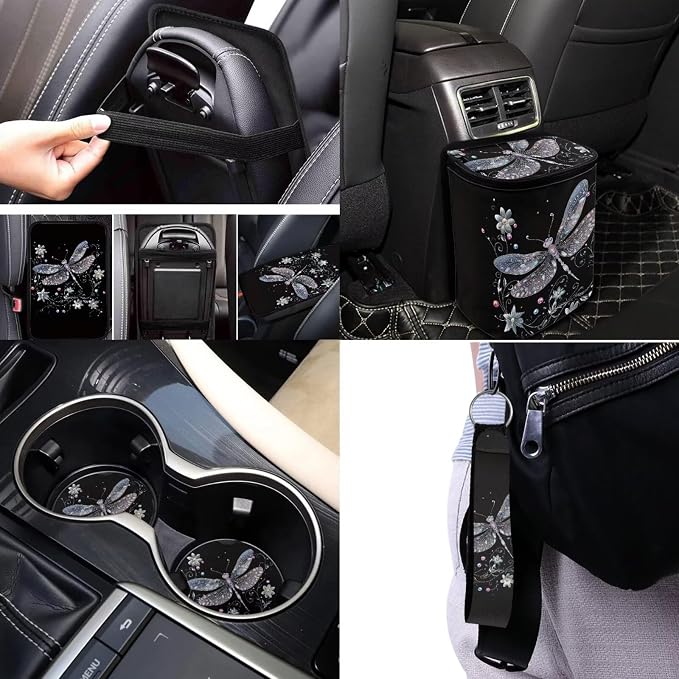 Dragonfly Car Seat Covers Full Set 17 Pieces for Women Dragonfly Car Accessories with Steering Wheel Auto Covers,Car Headrest Cover,Auto Trash Can Bin for Back Seat Leak Proof,Universal Fit