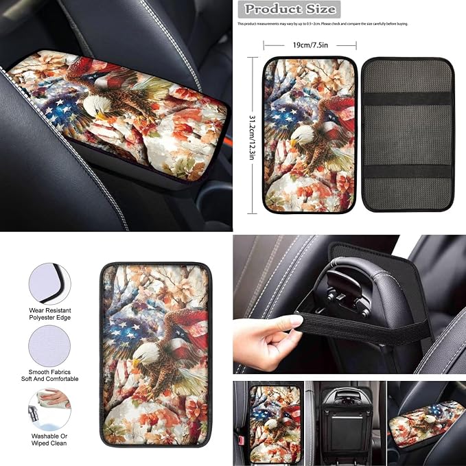 Wanyint Car Seat Covers for Women Men, with Steering Wheel Seat Belt Pads Center Console Handbrake Gear Shift Cover Cup Coaster Holder for 4th of July, Pack of 12, US Flag Eagle Camo Hunting Forest