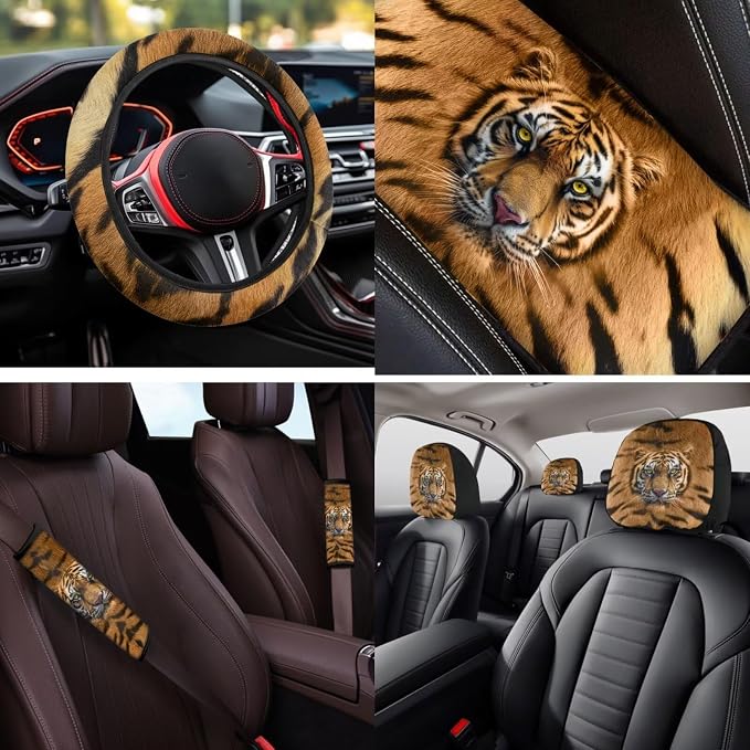Bulopur Tiger Print Automotive Seat Covers Full Set with Car 15 Inch Steering Wheel Cover Elastic Armrest Cushion Pad Vehicle Seat Belt Cushion Pad Keychain Auto Interior Accessories Set 14 Piece