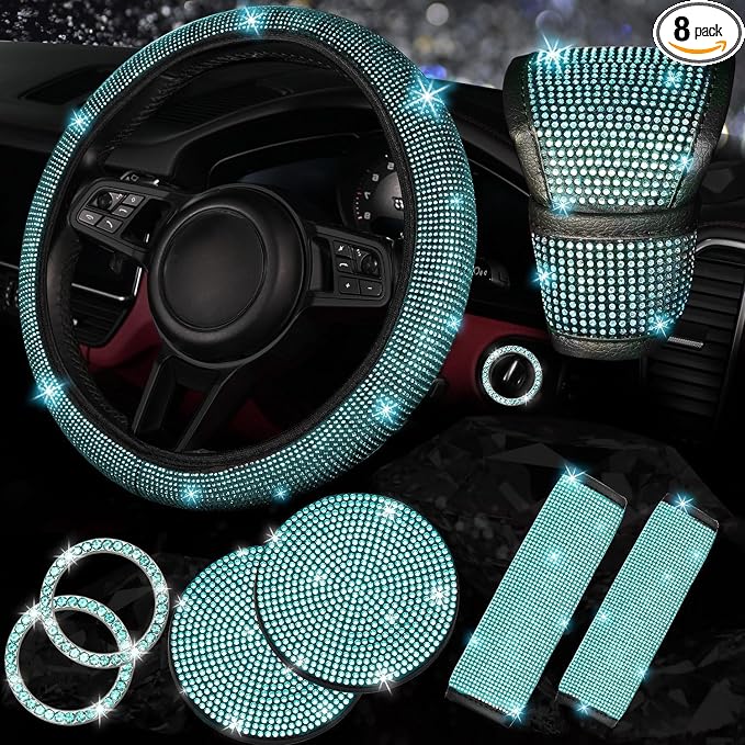 NBTEPEM 8 pcs Bling Car Accessories Set for Women, Steering Wheel Cover, Sparkly Seat Belt Covers, Bling Gear Shift Cover, Universal Fit Most Cars (Aquamarine Diamond)