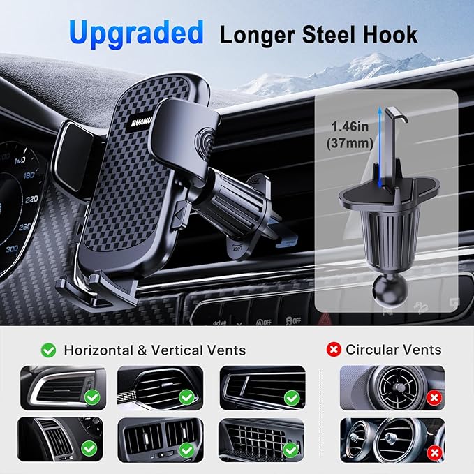 [2026 NEW] Car Phone Holder for Vertical/Horizontal Vent【Upgraded Metal Hook Clip】【Wider Clamp&Fit Thicker Case】Universal Cellphone Stand Car Mount Cradle for iPhone 17 Pro Max 16 15 14 13 Air Android