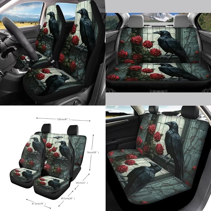 Raven Rose Printed 15 Pack Car Seat Cover Set with Steering Wheel Seat Belt Strap Rearview Mirror Cover Garbage Cans Air Vent Pouch Coasters Keychain Universal Fit for SUV Sedans