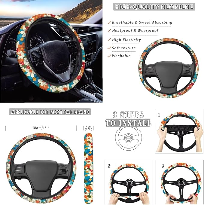 Hippie Boho Blossoms Pattern Car Accessories Car Seat Covers Full Set with Steering Wheel Covers+Seat Belt Pads+Coasters+Keychain+Lipstick Holder Universal Fit(13 Pack)