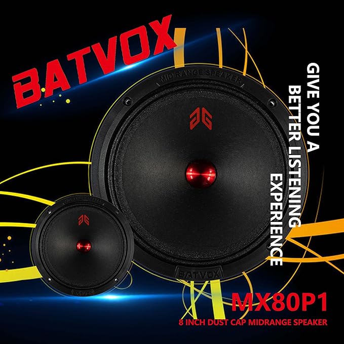 MX80P1 Loudspeaker 8 Inch Midrange 480 Watts 4 Ohms Orange Dust Cap, Premium Quality Audio Door Speakers for Car or Truck Stereo Sound System, Orange (2 Speakers)