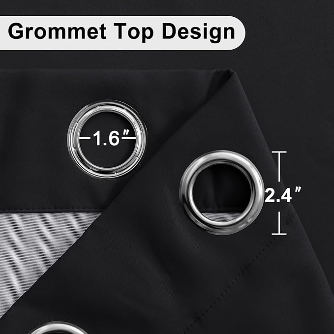 XWZO 100% Blackout Window Curtains - Thermal Insulated & Noise Reduction Black Liner Ring Top Window Treatment Sewn with Tiebacks for Bedroom/Living Room, Black, W38 x L63, Set of 2