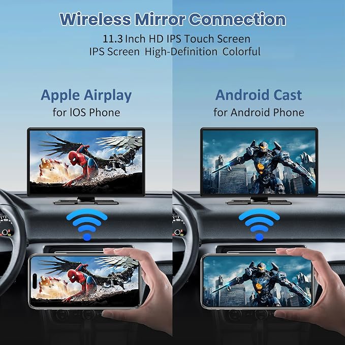Largest 11.3" Portable Apple Carplay Screen, Wireless Car Play & Android Auto Touch Screen, Car Stereo with App View/4K Dash Cam/Backup Camera/Mirror Link/Voice Control/Music Play/GPS/Bluetooth/FM