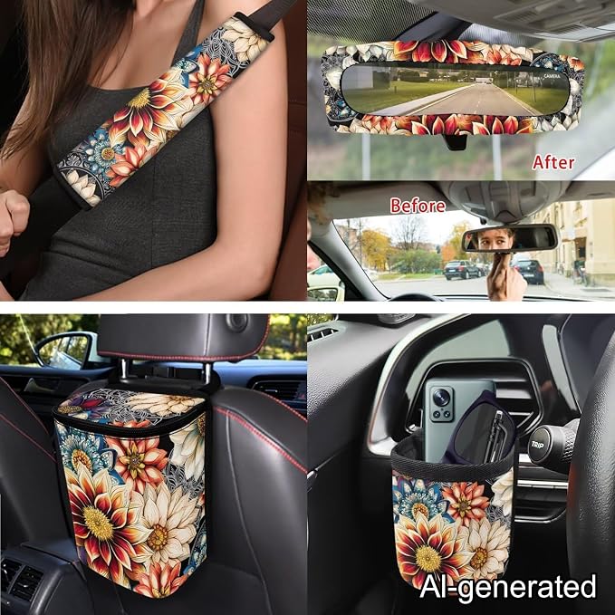 Dreaweet Mandala Lotus Car Seat Covers Full Set for Women Flower Car Accessories Interior with Steering Wheel Covers Seatbelt Covers Coaster Trash Can Air Vent Holder Rear View Mirror Cover Keychain