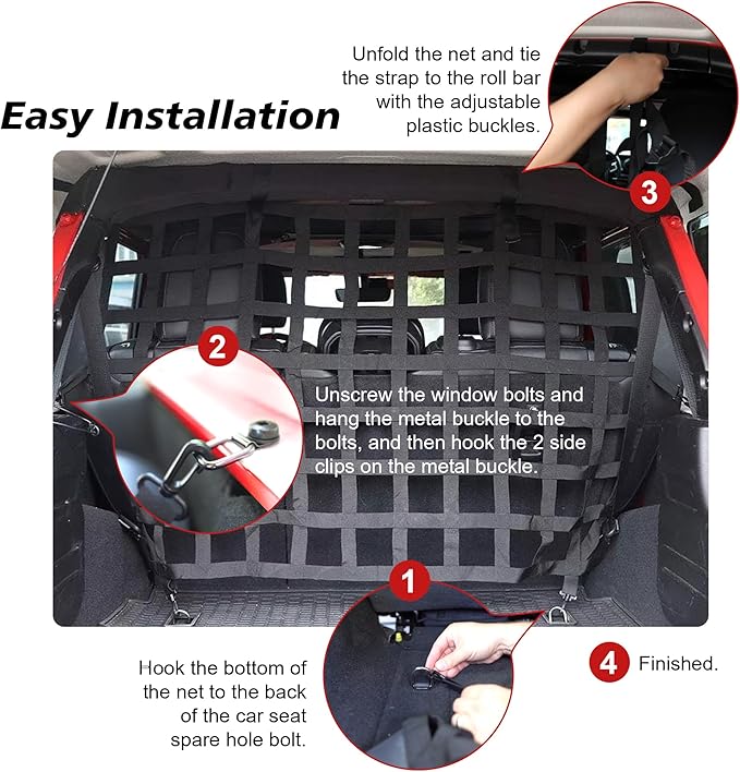 G Dog Barrier Rear Cargo Net Compatible with Jeep Wrangler Accessories JK JL Unlimited Sahara 4-Door 2007-2025, Safety Mesh Pet Divider for Medium, Large Pets, Easy to Install