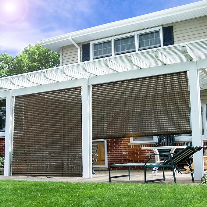 E&K Sunrise 7'W x 14'H Roll Up Shade Outdoor Hollow Out Roller Shade Blind Sun Shade for Patio Porch Backyard Gazebo Deck Pergola (Brown)