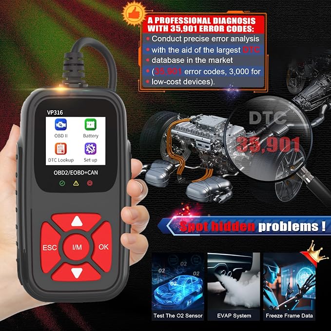 OBD2 Diagnostic Tool for All Vehicles from 1996 Onwards, Read & Solve Error Codes + Live Data Directly on the Display, Compatible with BMW, VW, Audi, Mercedes, CE Certified & Plug & Play