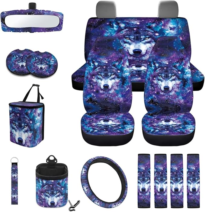 Wolf Galaxy Butterfly Print Full Set with Front Back Seats Steering Wheel Covers, Trash Can, Air Vent Bag, Auto Seat Belt Pads, Mirror Cushion, Cup Holder Coaster for Women Men