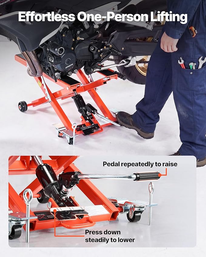 VEVOR Hydraulic Motorcycle Lift Jack, 1100 lbs Capacity, Scissor Lift Jack Portable Motorcycle Hoist Stand with 6 Wheels, 4.72"-15.15" Height Range, Hydraulic Foot-Operated Hoist Stand for Dirt Bikes