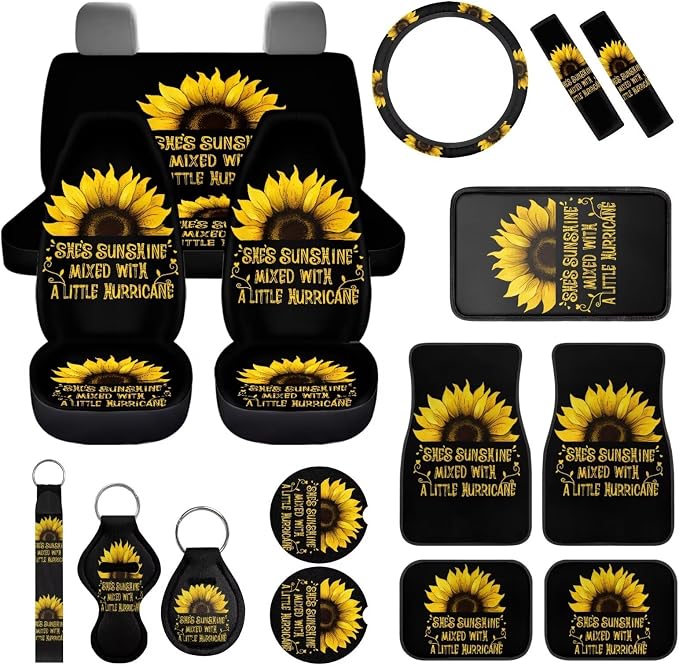 She's Sunshine Sunflower Car Seat Covers Full Sets of 17 Pcs Sunflower Car Accessories Set with Front and Split Rear She's Sunshine Car Floor Mats Seat Belt Cover Pad Universal Fit Car SUV
