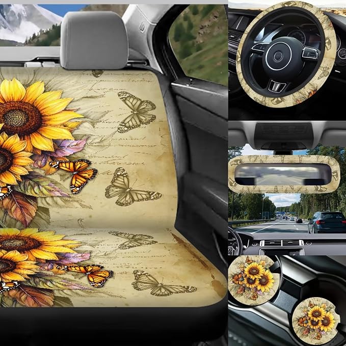 Sunflowers Car Seat Covers Full Set with Backseat Trash Can Steering Wheel Cover Retro Sunflowers Auto Aaccessories Sets Universal Car Seat Covers Full Set for Front and Rear,Universal Fit