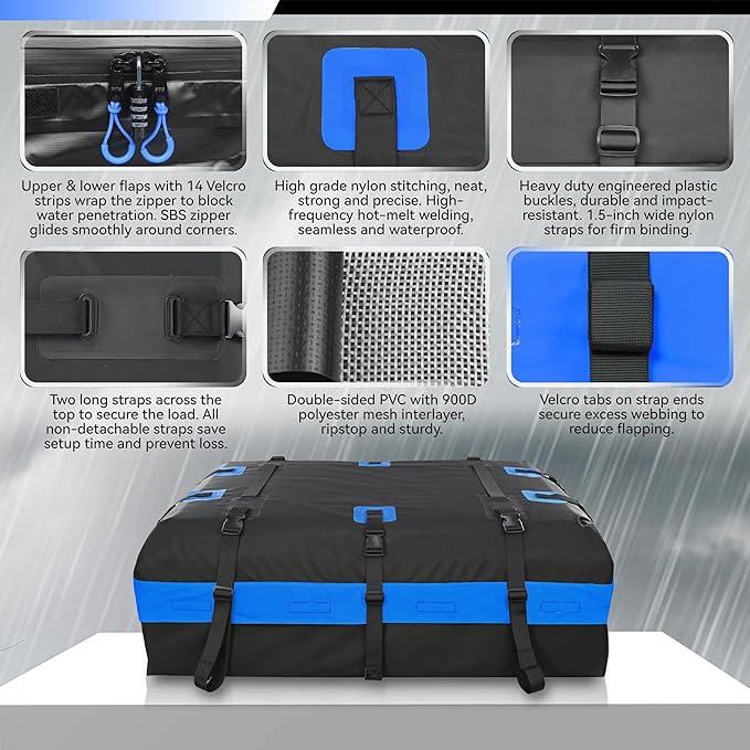 MARCHWAY Waterproof Car Roof Luggage Bag, Weatherproof Soft Shell Rooftop Cargo Carrier Bag for Vehicles with or Without Rack. 6 Door Hooks, Anti Slip Mat, Lock Included (21 Cubic Feet, Blue)