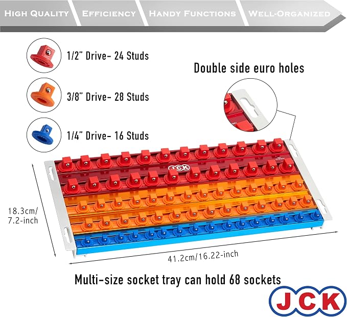 JCK Professional Quality Aluminum 3 Size of Socket Organizer Tray 5 rails | Holds 68 Sockets | 360° Rotary Positioning Studs, Moveable Secure, Socket Rack Kit,1/4 3/8 1/2 Socket Tray