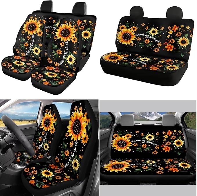 POLERO Sunflower Car Seat Covers for Women Floral Steering Wheel Cover You are My Sunshine Seatbelt Covers with Dog Paws Print Coasters Cute Keychains, 11pcs